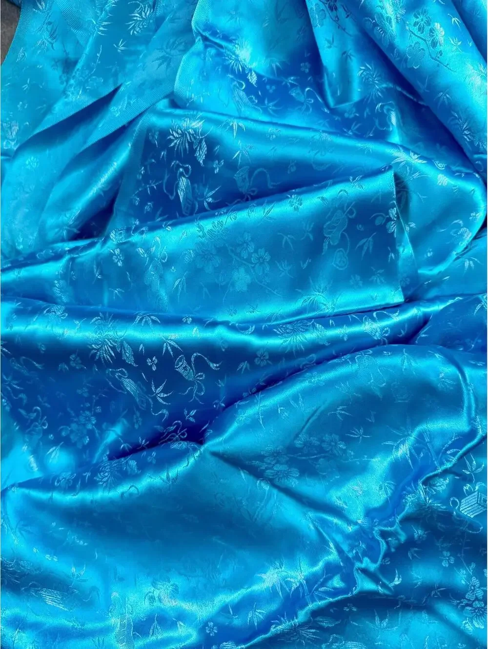 Vintage Yellow Satin Brocade Fabric: Asian Floral Pattern, 11 Yards